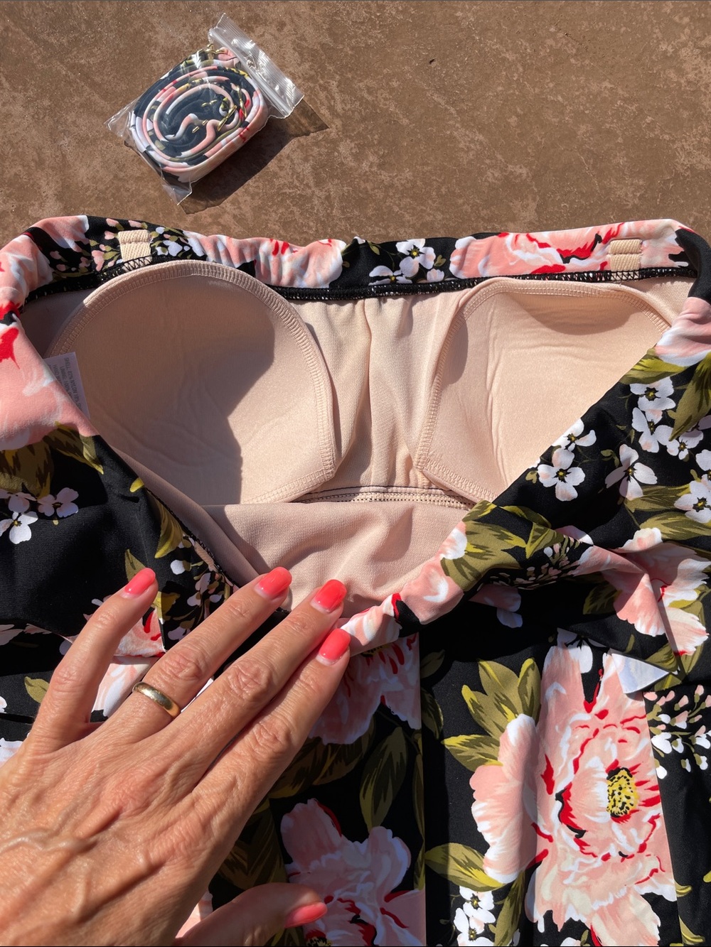 Kona Sol Black Floral Off-Shoulder Tiered Swim Skirt Tankini Top - Picture 3 of 5